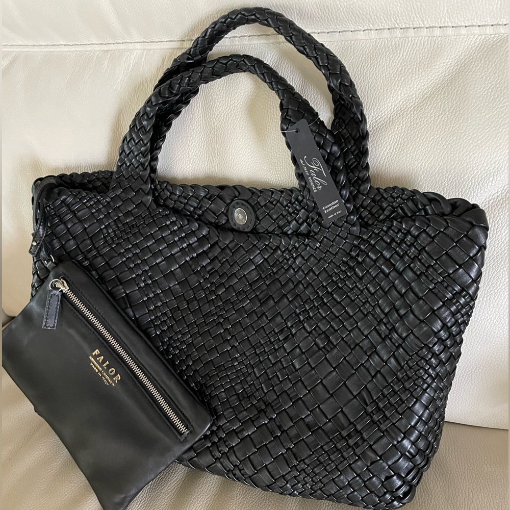 FALOR Tote Italian Leather Hand Woven-BLACK #7349 with pouch